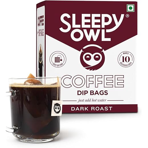 Sleepy Owl Dark Roast Ground Coffee Dip Bags | 10 Bags - Makes 10 Cups | Hot Brew - Have it as Black Coffee or With Milk | 5 Min Brew - No Equipment Needed | Travel Pack | Medium Roast | 100% Arabica