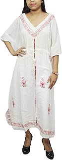 Mogul Interior Womens Kaftan Maxi Dress White Embroidered Bikini Cover Up Caftan L