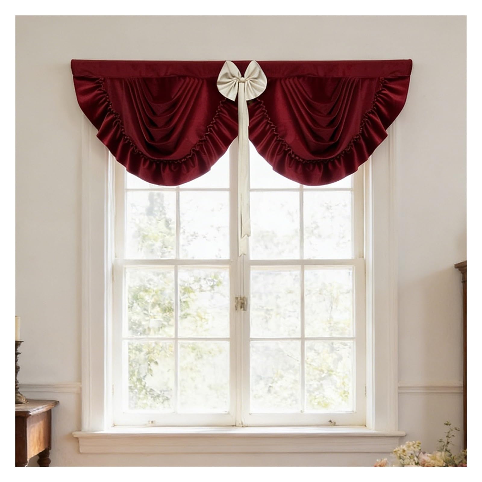 ZHOUXYFDC Swag Valance For Windows Velvet Wave Swag Curtain Valance With Bow Ruffled Design, Brown/Burgundy Waterfall Curtains For Living Room(Burgundy,ROD POCKET_1PC- W132CM)