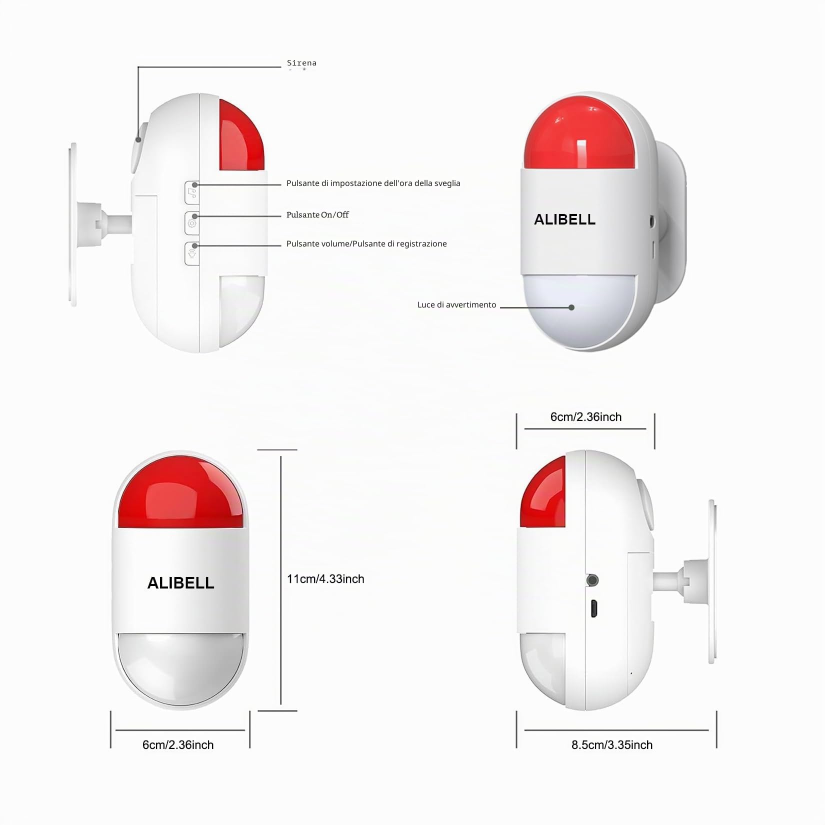 ALIBELL Allarme personale 120 dB sirena, sistema di allarme di emergenza per casa/negozio/fabbrica, 2 pulsanti di emergenza + 1 sirena (funzionamento a batteria e Plug-in Alimentazione a Rete)