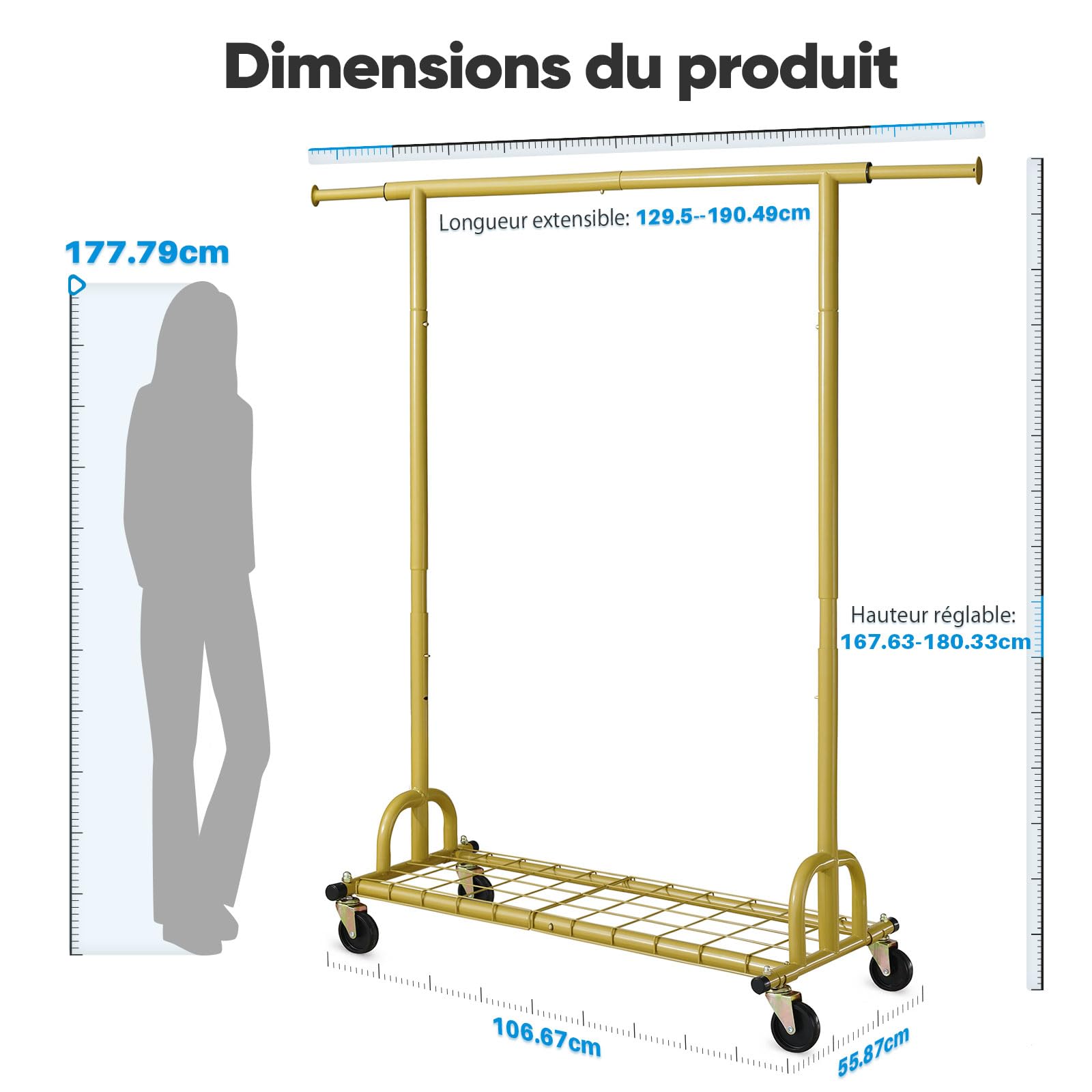 HOKEEPER Portant à vêtements avec étagères, capacité de 200 kg, sur roues, doré