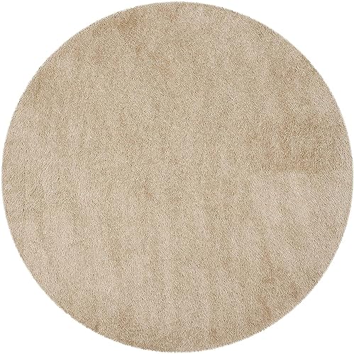 Image of Premium Round Shaggy Carpet Plain Fur Rugs Under Chair 4x4 Feet Microfiber & Polyster Modern Interior Floor Mat Beige