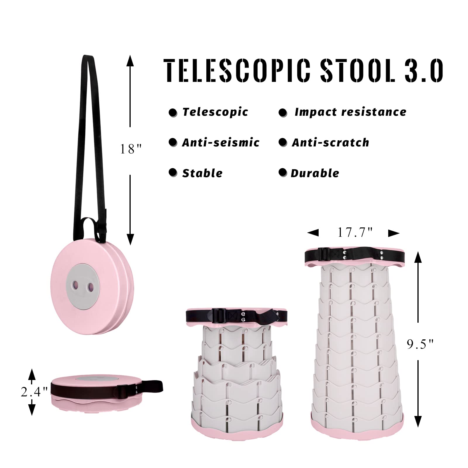 DOSUNO Sgabello Telescopico Portatile, Sgabello Pieghevole Sgabello Leggero da Campeggio, Sgabello da Campeggio Regolabile 420lbs Sgabello Retrattile per Campeggio all'aperto Barbecue Pesca,Rosa