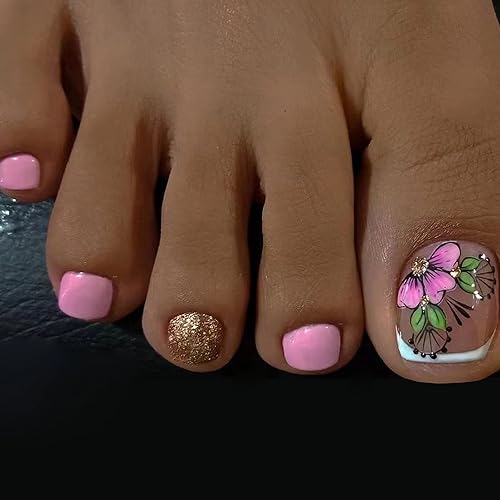 Miniatura 17 de MISUD Uñas a presión – Uñas con pegamento para los dedos de los pies con rosa intenso, uñas acrílicas diseño de remolino de verano, 24 piezas