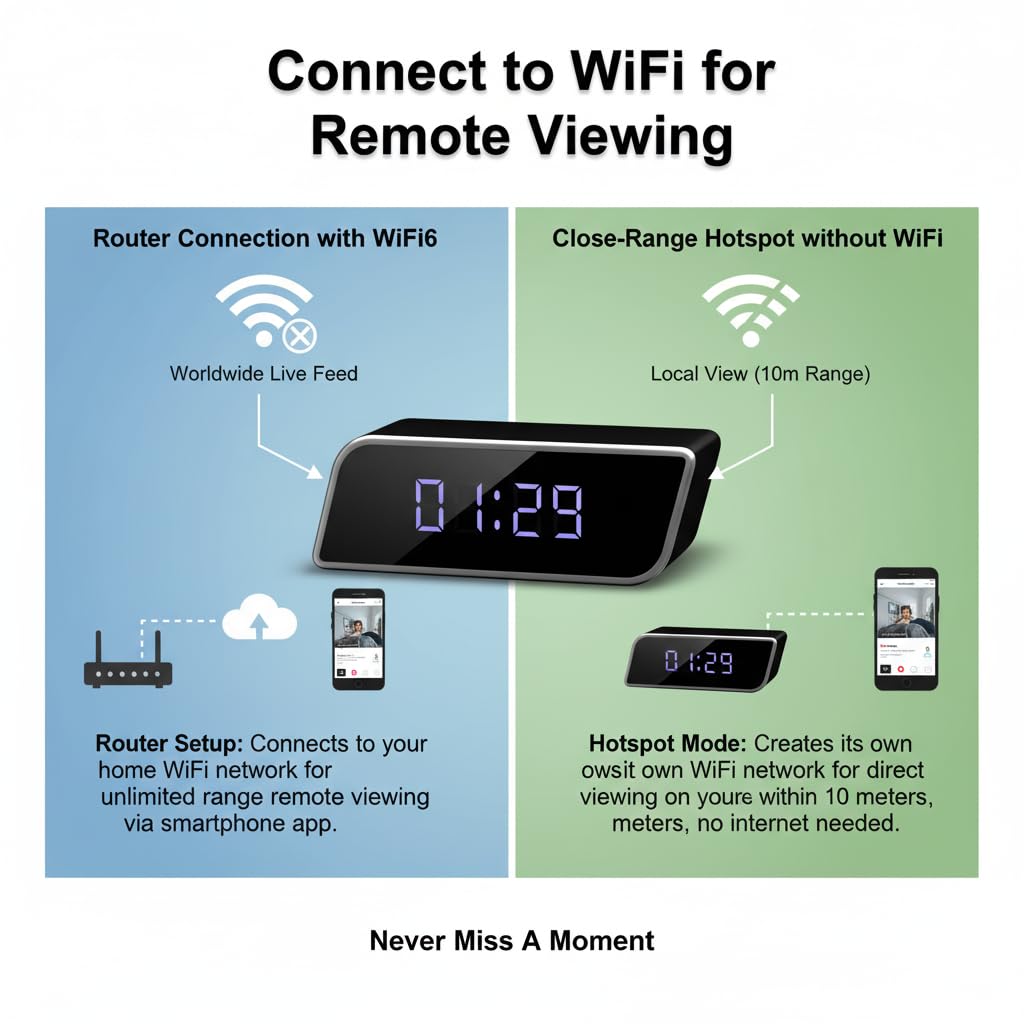2-in-1 Alarm Clock Camera 4K UHD HD Night Vision 2600mAh WiFi Remote View SD Storage Wireless No Audio