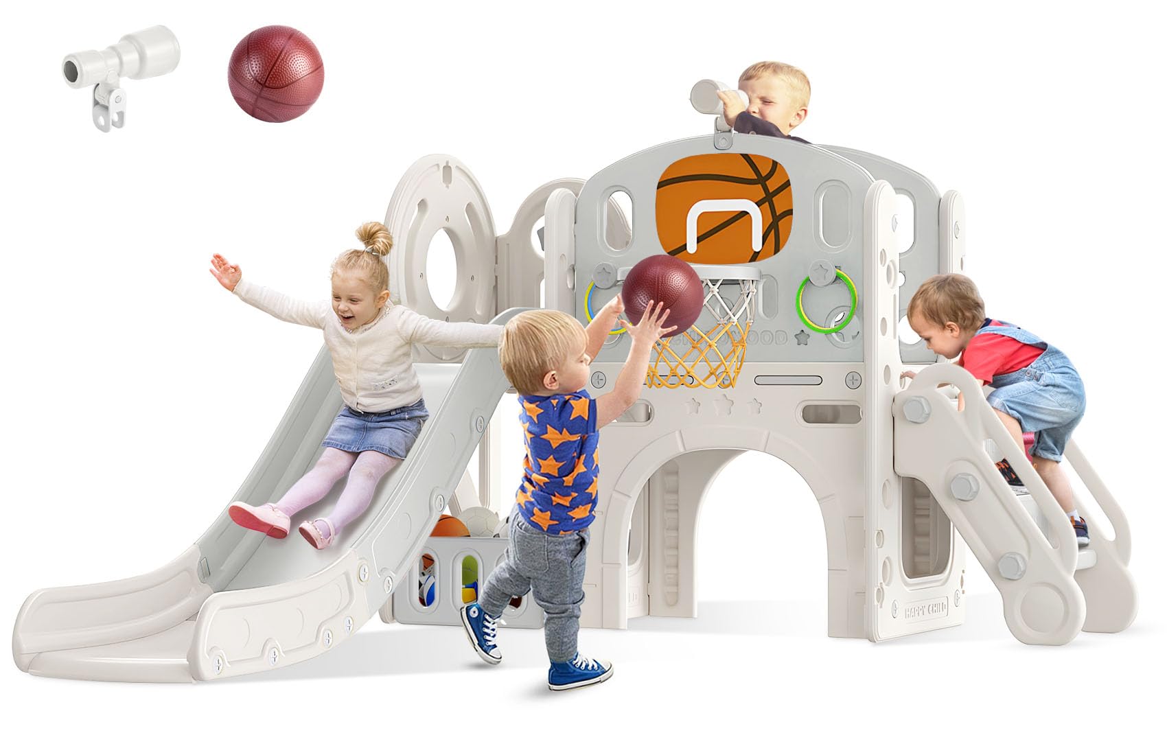 Photo 1 of BIERUM 9 in 1 Toddler Slide, Kid Slide for Toddlers Age 1-3 with Ring Toss, Basketball Hoop, and Telescope, Indoor Outdoor Slide Toddler Playset Toddler Playground Beige Gray