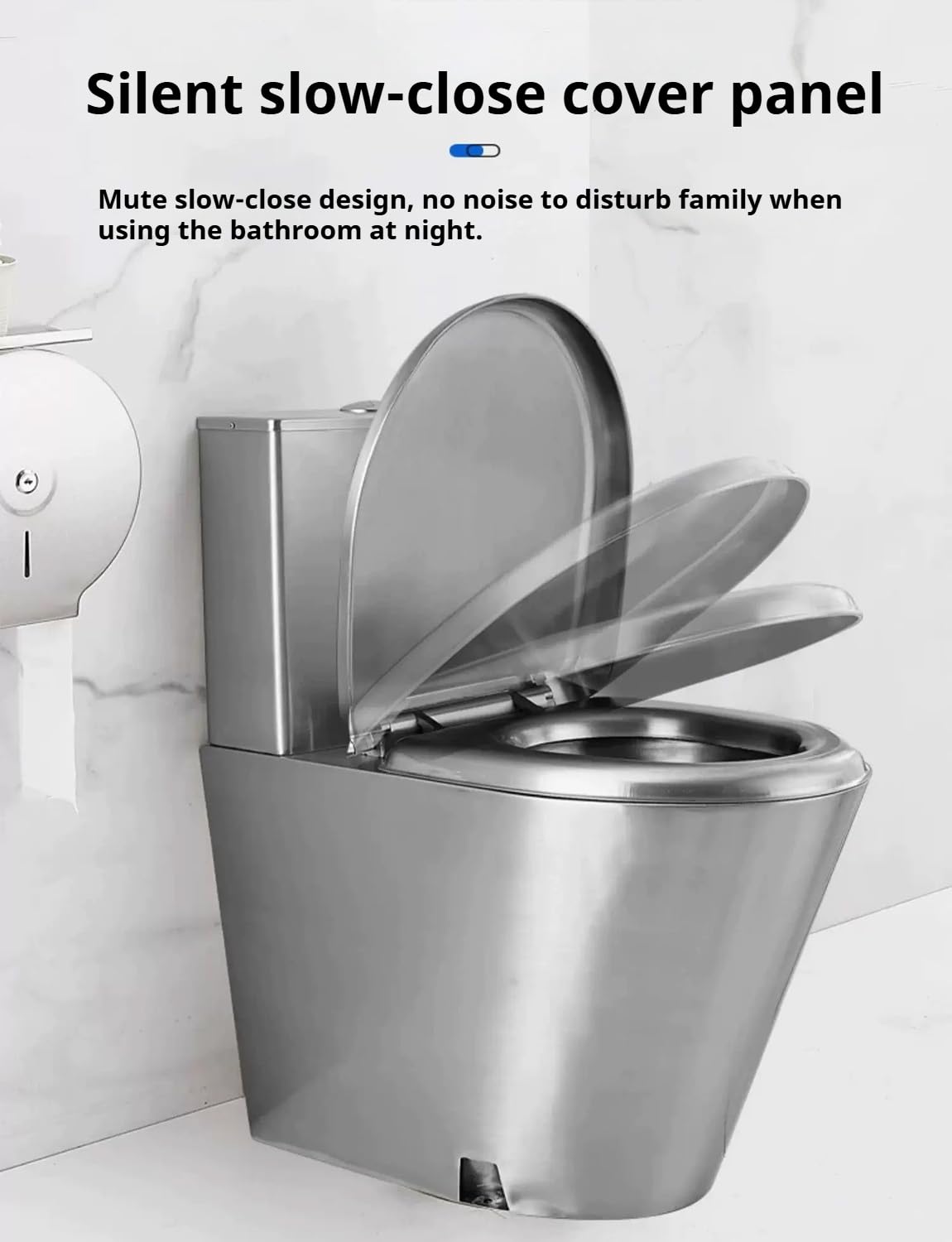 Inodoro comercial de doble descarga de acero inoxidable 304 con tapa, ahorro de agua y resistente a la congelación para baño