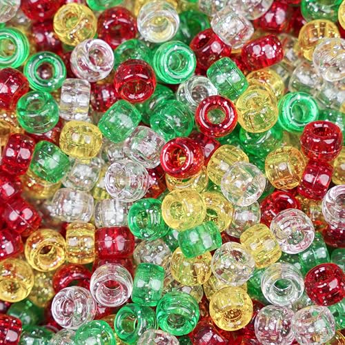 Christmas Pony Beads (1200pcs 6x9mm) Glitter Pony Beads Bulk for Bracelets Necklace Jewelry Making Christmas Crafts Beading Supplies Hair Beading (Christmas Glitter Red Green White Gold)