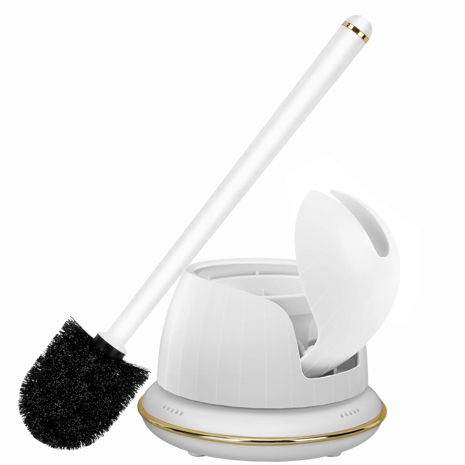 Gold Toilet Brush and Holder Set,Toilet Bowl Brush with Long Handle, Holder Base with Contact-Free Automatic Opening and Closing, Toilet Brush Set with Have Vent, Gold Bathroom Accessories