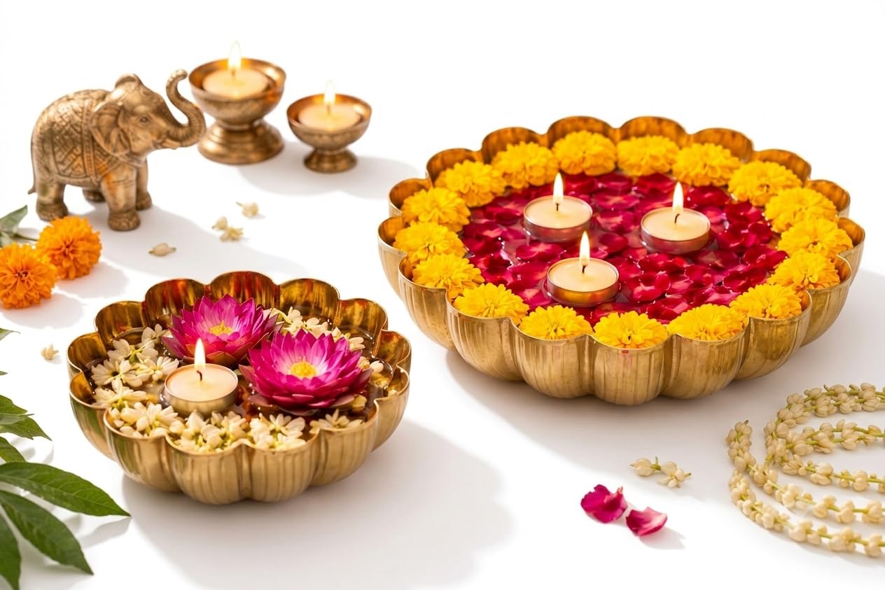 Metal Urli Bowl Set with Scalloped Edge for Floating Flowers Pooja Special Diwali Decoration-image-24