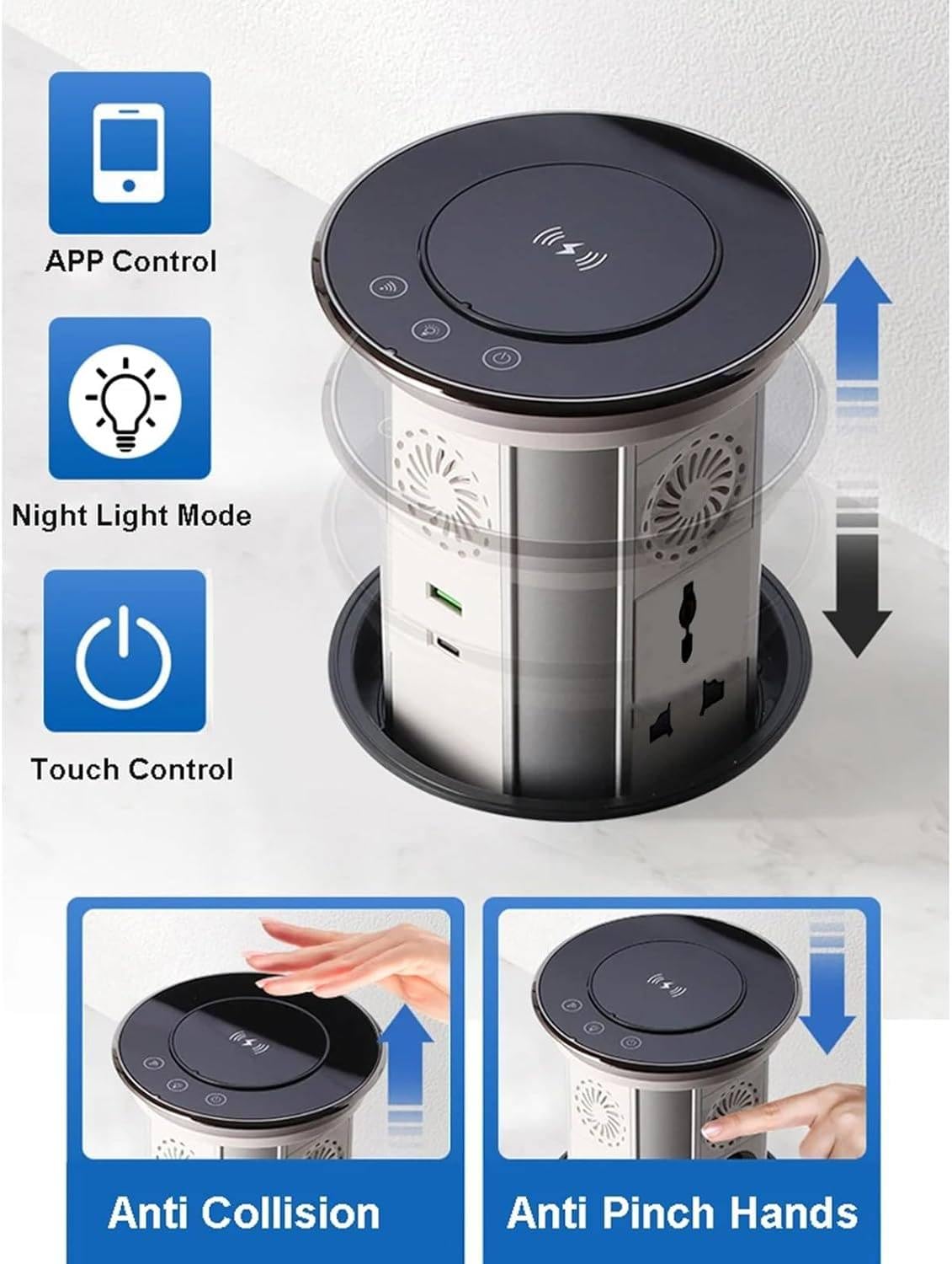 Automatyczna listwa zasilająca z wysuwaną konstrukcją, port USB, ładowanie bezprzewodowe, głośniki Bluetooth i WiFi