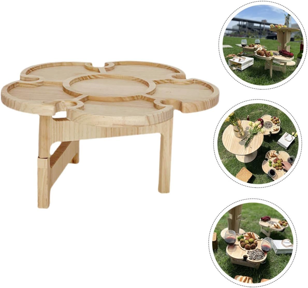 GALPADA Portable Foldable Wine Picnic Table Outdoor Beach Beverage Desk Wood Tray 35cm Diameter Travel Camping Picnic Accessory