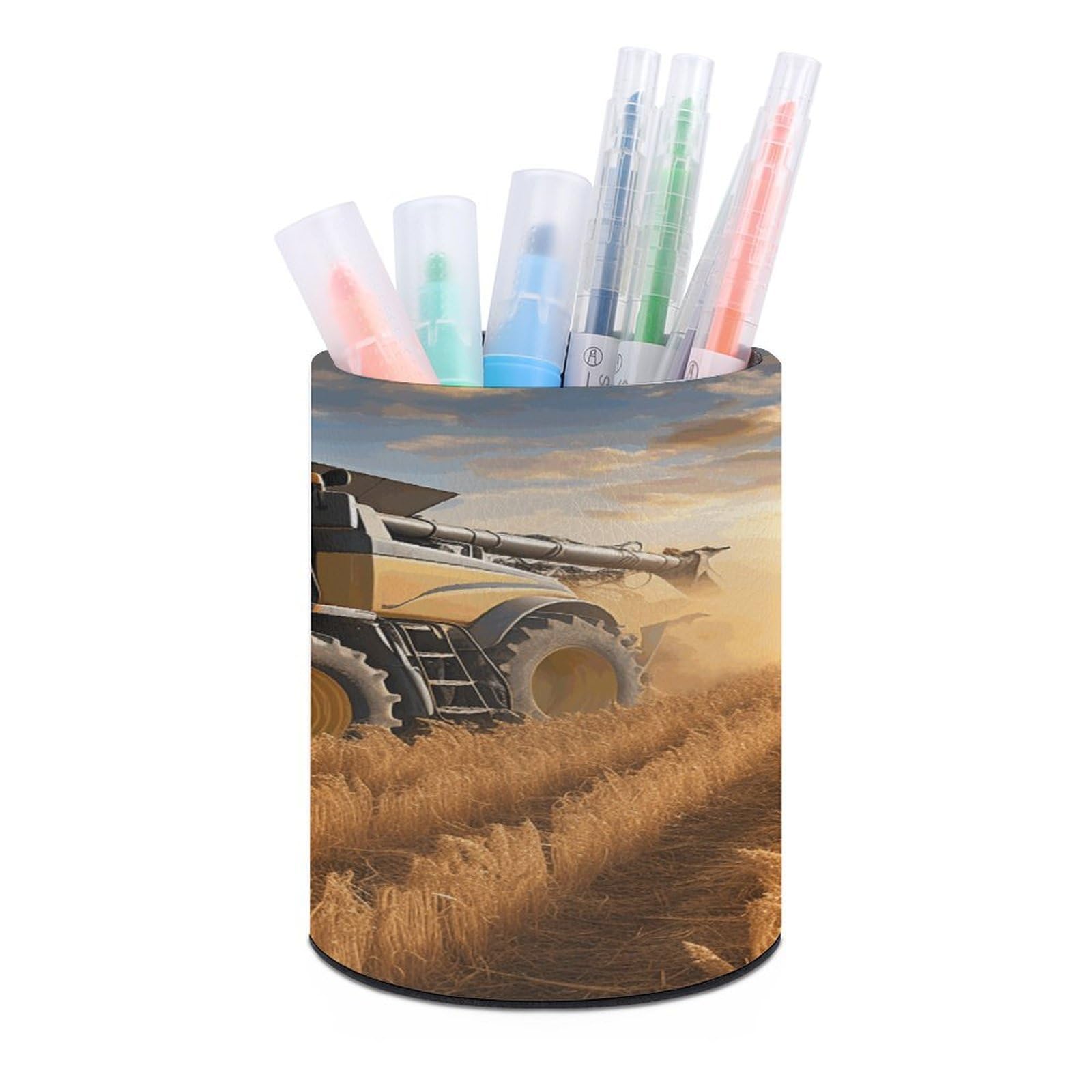 FekiLoot PU Leather Round Pen Holder Farm Tractor Harvest Pencil Holder Desk Organizer Pen Organizer Pen Cup Pencil Cup Caddy Desktop Stationery Organizers for Office Home Supplies
