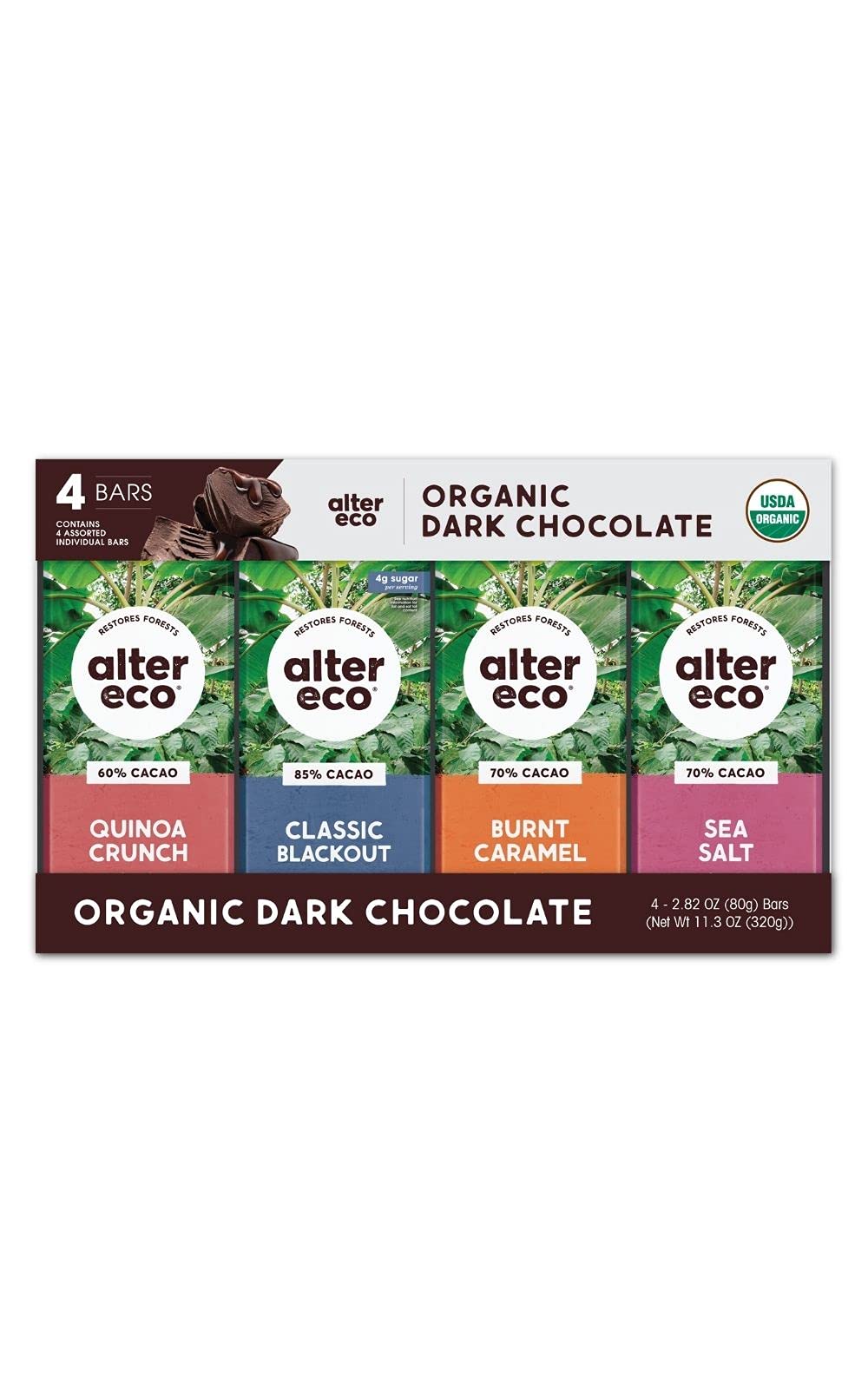 Alter Eco | Dark Chocolate Variety 4-Pack | Classic Blackout, Sea Salt, Quinoa Crunch and Burnt Caramel | Fair Trade, Organic, Non-GMO, Gluten Free | 4 Flavors, 1 of each Bar