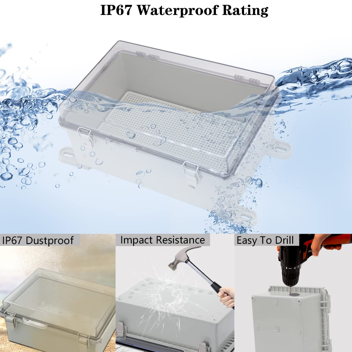 Zulkit Junction Box,IP67 Waterproof Electrical Box Hinged Clear Cover Stainless Steel Buckle Plastic Project Enclosure w Mounting Plate Wall Bracket and 2 Cable Gland 11.8"x7.9"x5.1"/300x200x130mm