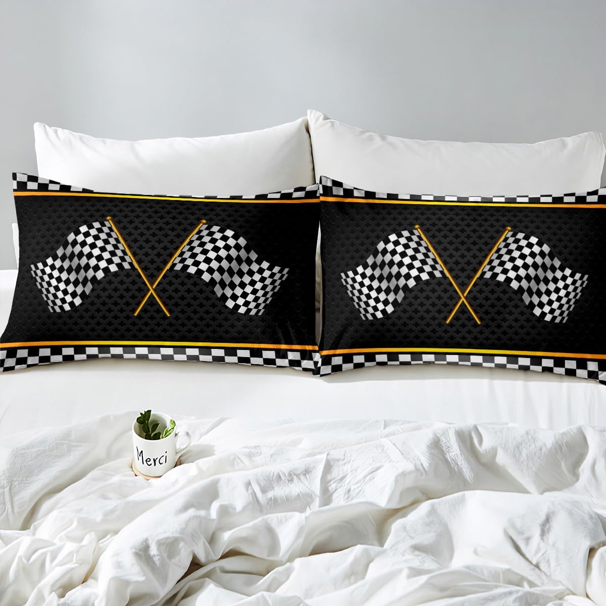 Black White Checkered Flag Duvet Cover Racing Competition Bedding Set Extreme Sports Yellow Comforter Cover(No Filler) for Boys Girls Kids Room Decor Bedding Set Single Size with 1 Pillowcase - Image 4