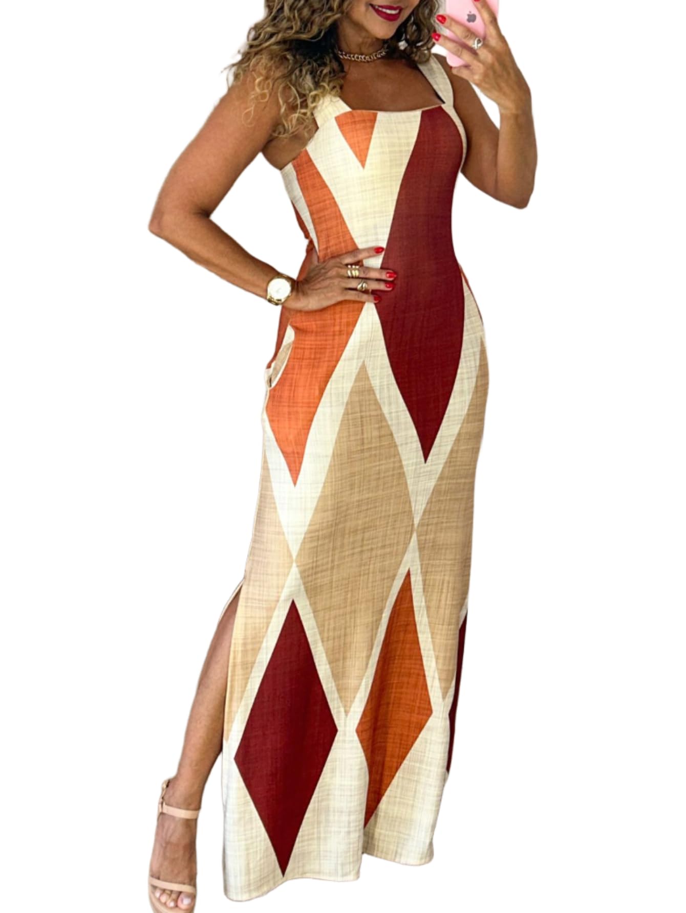 CHICME Womens Summer Maxi Dress Casual Thick Strap Square Neck Boho Sundress Split Vacation Dresses with Pockets