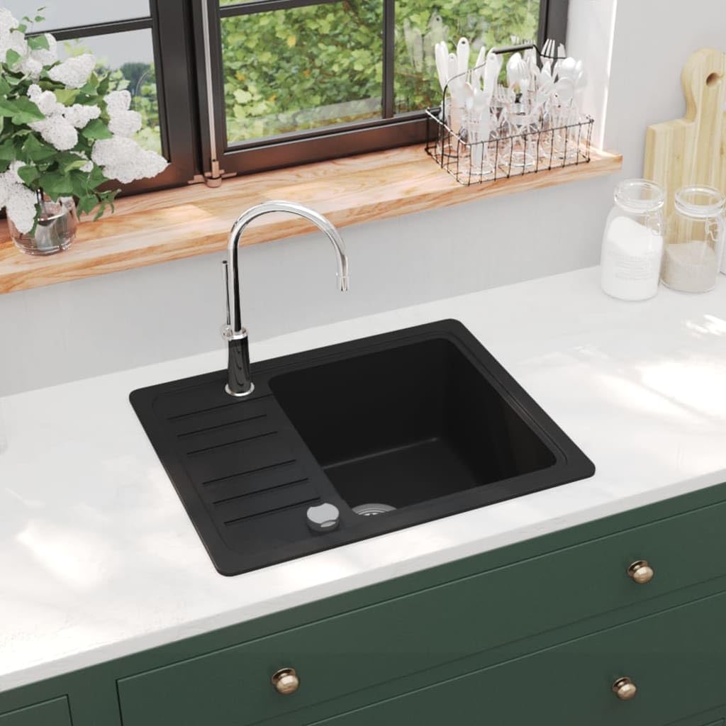 Fregadero De Cocina De Granito con Cubeta Única, 80% Cuarzo y 20% Resina, Diseño Reversible y Resistente, kitchen sink, Fregadero Bajo Encimera, Apto Para Cocinas y Lavaderos, Negro, 575x460x280 mm
