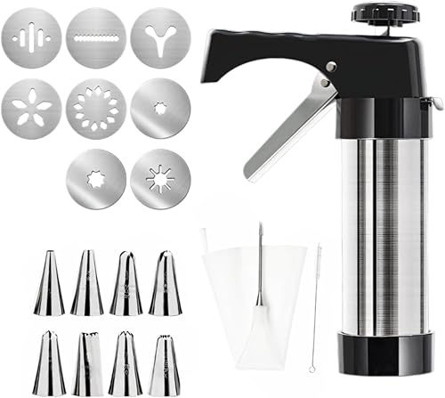 Kit para hacer churros de prensa de galletas, acero inoxidable con 8 discos y puntas de tubería, bolsa de tuberías y cepillo incluidos