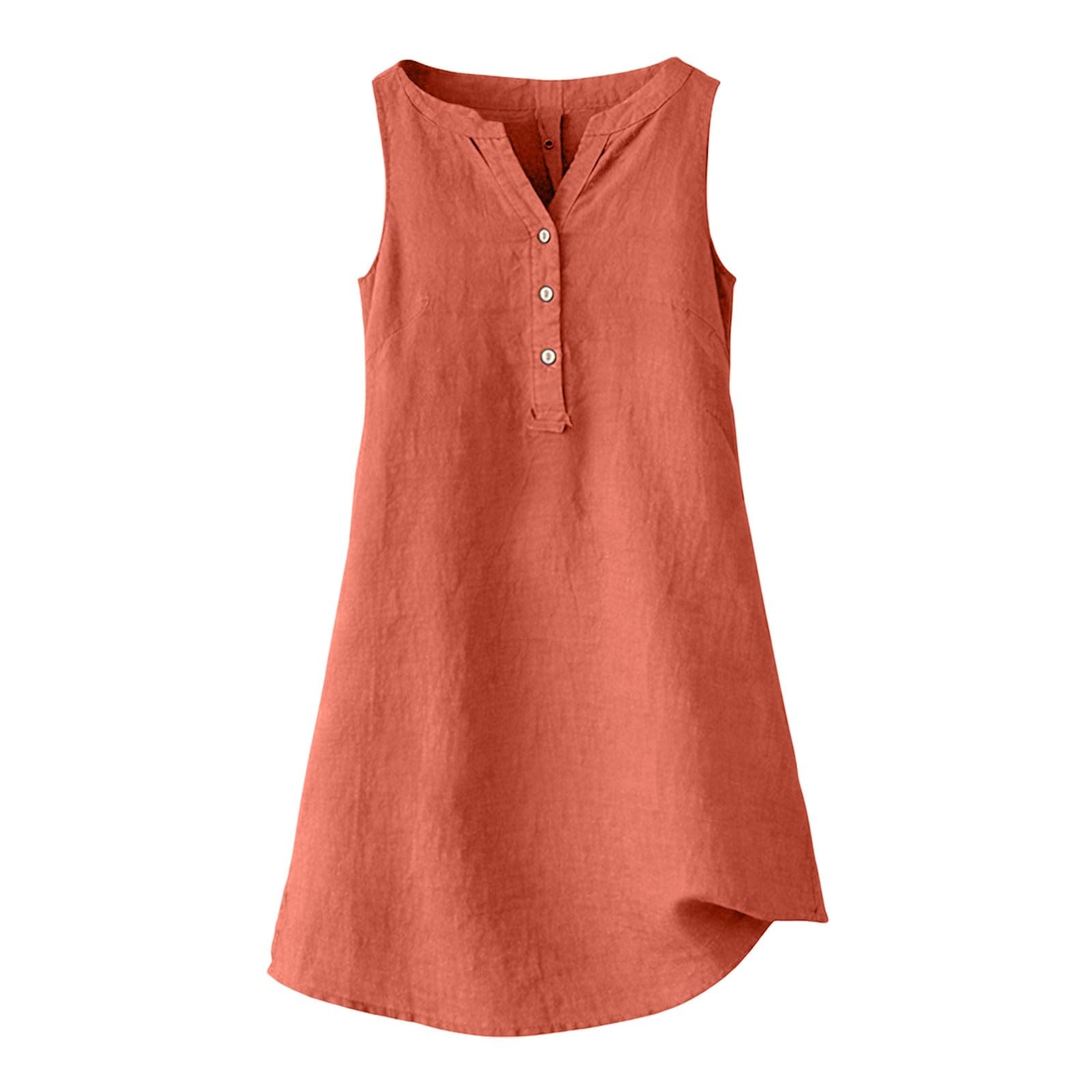 Mini abito da donna in lino e cotone, senza maniche, con scollo a V, per il tempo libero, con tasche laterali e bottoni decorativi, abito estivo per vacanze, spiaggia, lounge