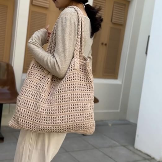 バッグ obafer crochet shoulder bag beige mix Beige Bag for Girls, Hippie Shoulder Bag, Knitted Crossbody Bag