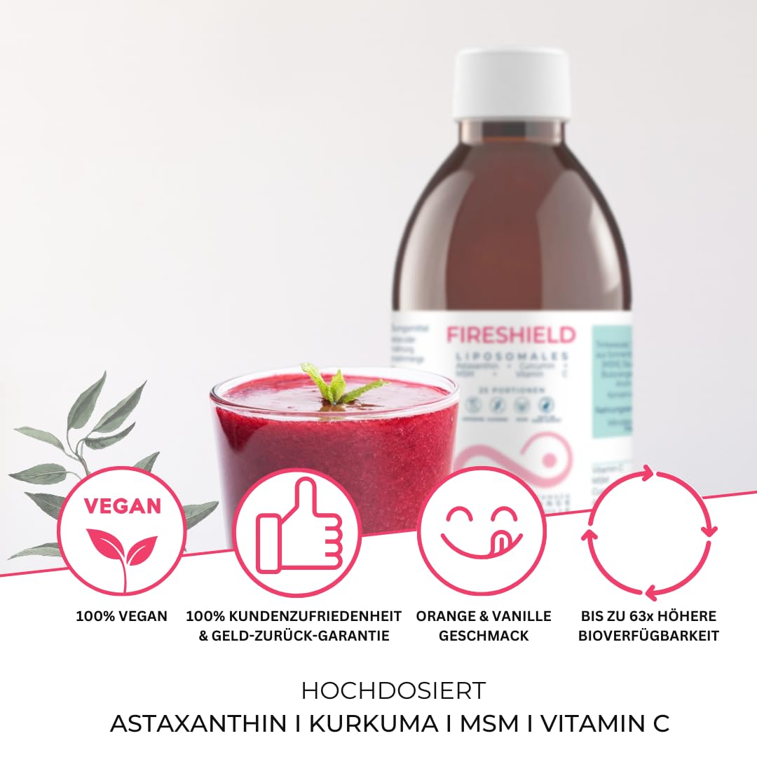 Mighty Elements Liposomales Fireshield 4 in 1, Astaxanthin 8 mg, Curcumin 100 mg, MSM 500 mg, Vitamin C, Orange- / Vanille Geschmack, Vegan, Glutenfrei, hohe Bioverfügbarkeit, Flüssig, 250ml