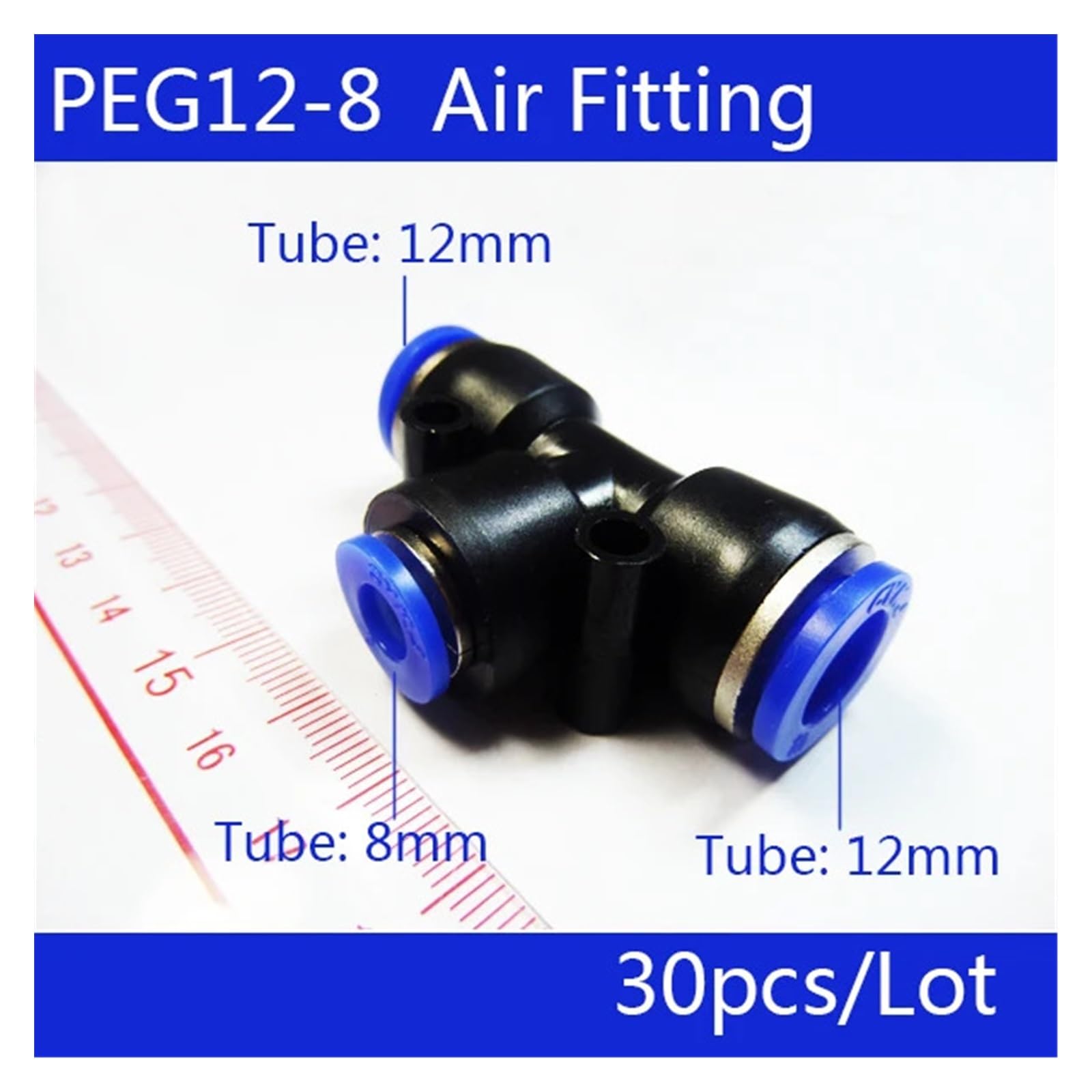 30 piezas PEG 12MM - 8MM Unión neumática desigual en T Conector de ajuste rápido Acoplamiento reductor PEG 12-8