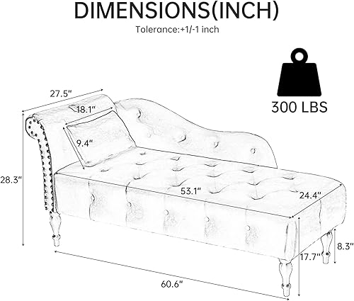 Chaise Lounge - Silla de terciopelo para interiores con almohada, con botones copetudos, brazo derecho, con ribete de cabeza de clavos y patas