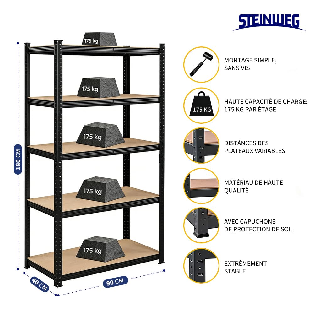 Steinweg Lot de 2 étagères pour charges lourdes - 180 x 90 x 40 cm - Charge maximale : 875 kg - 0,63 mm - 5 panneaux MDF réglables - Étagère de rangement - Pour cave, atelier, noir laqué