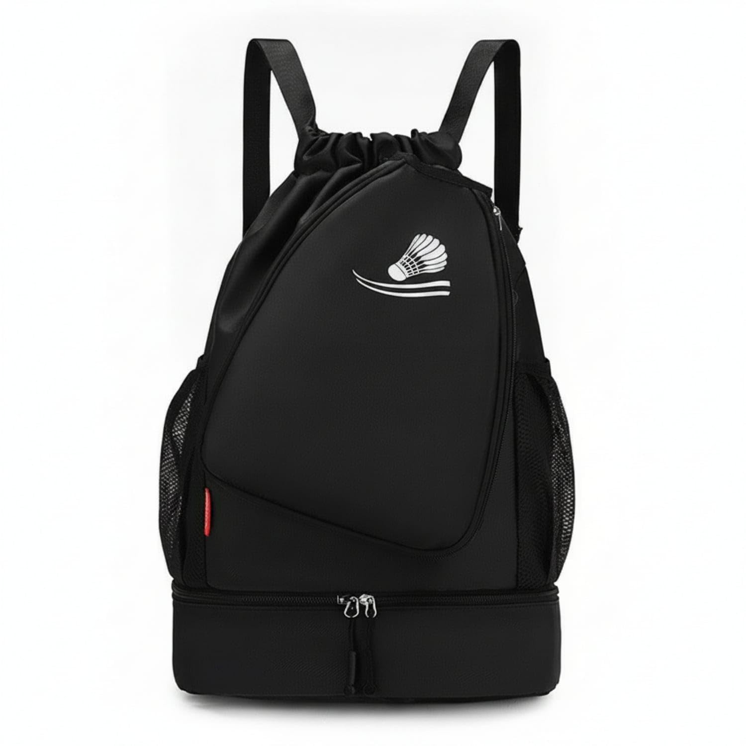 separate lower compartment drawstring backpack mesh side badminton black
