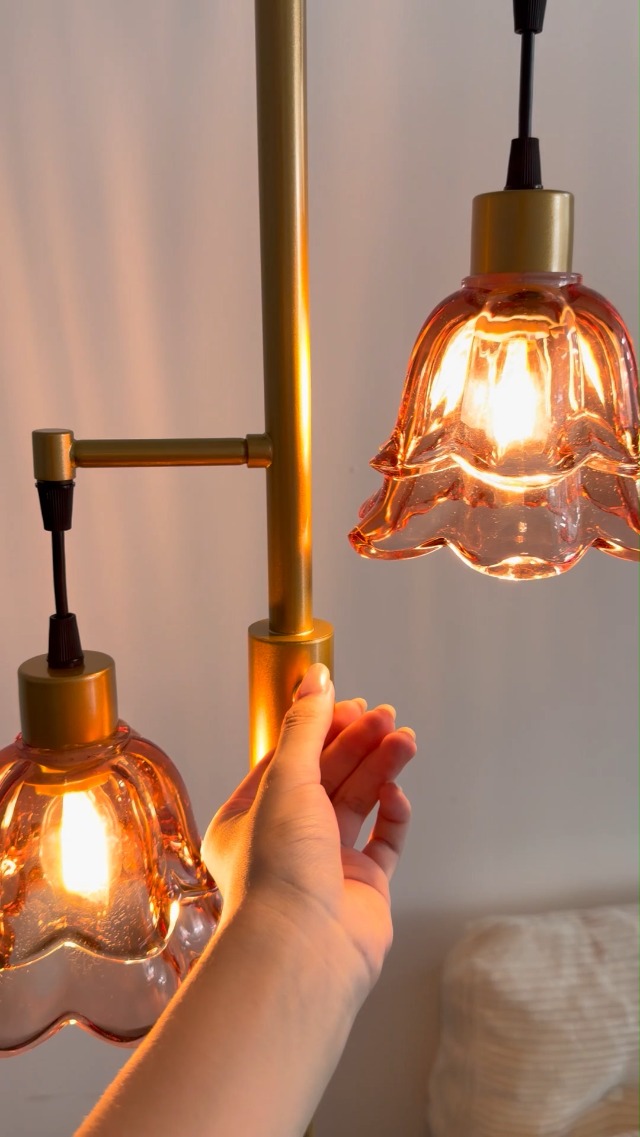 Image of Lightdot Glass Floor Lamp Red Flower 2-Light Dimmable Gold Floor Lamps