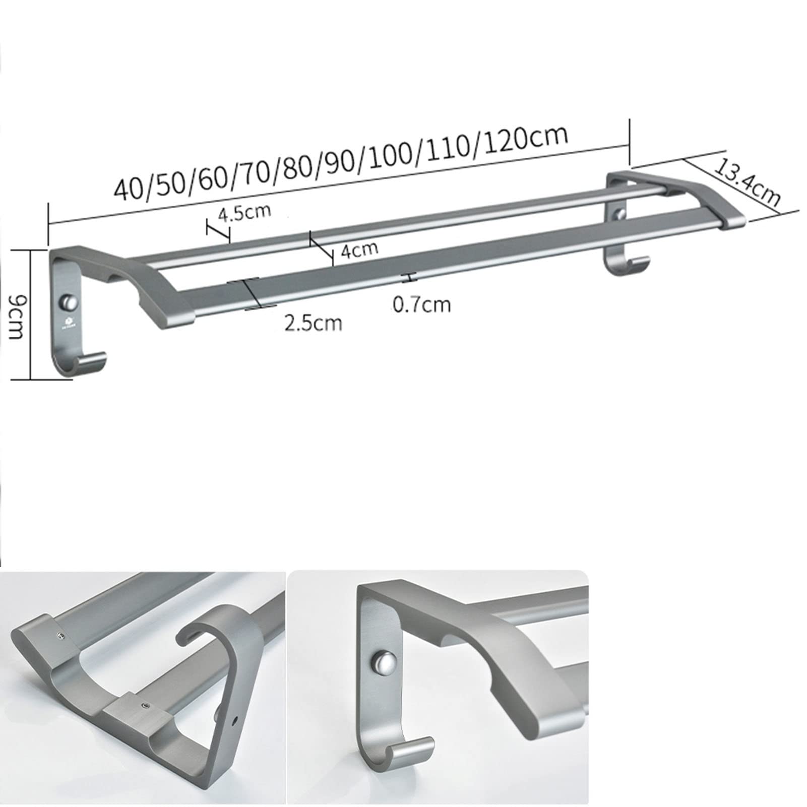 Doppio portasciugamani 110/120 cm, portasciugamani a Parete per Bagno o Cucina, mensole multifunzionali per portasciugamani (Dimensioni : 60cm)