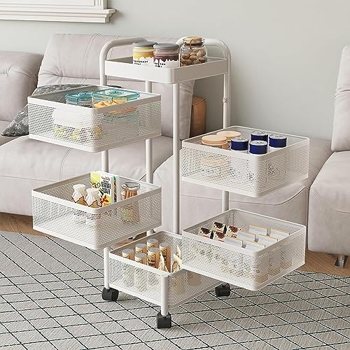 Carrito de almacenamiento de cocina de 5 niveles con estante de almacenamiento giratorio de 360°, cesta de baño y sala de estar con ruedas rodantes, cuadrado blanco