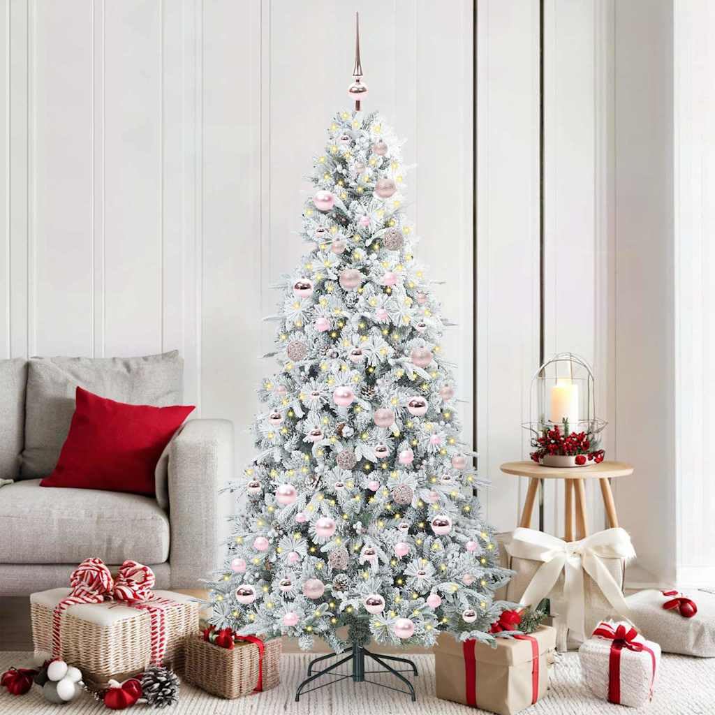 Sapin de Noël artificiel blanc 180 cm avec guirlande LED intégrée et pied en métal