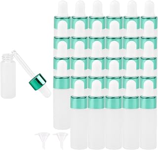 Newzoll 30 botellas cuentagotas de vidrio esmerilado de 5 ml con 2 embudos, botellas de vidrio recargables para botellas de vidrio para botellas de vidrio para perfume de aceite esencial, color verde