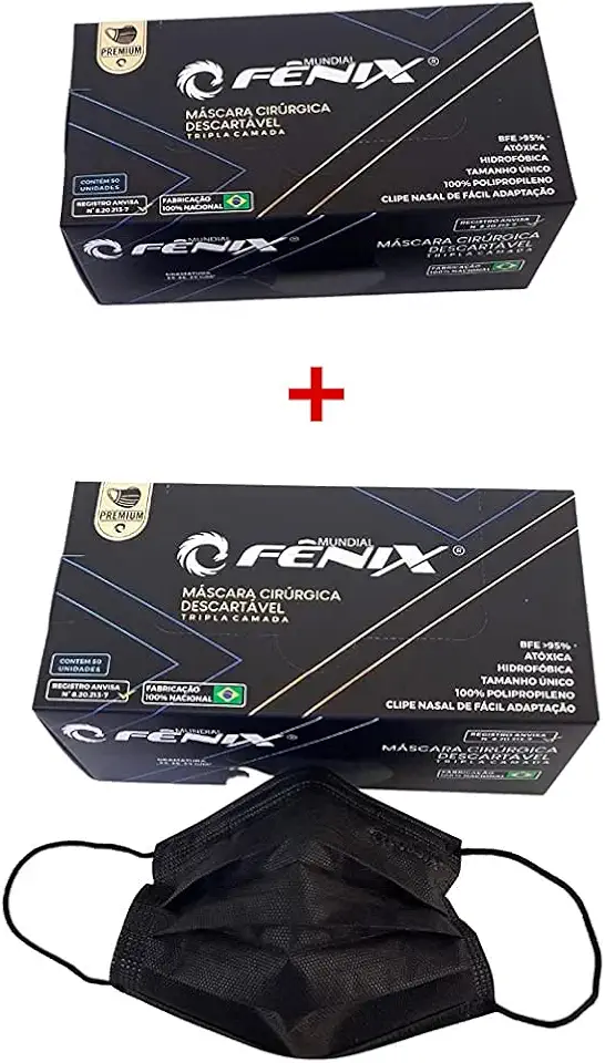 100 UN - Mascara descartavel tripla PRETA cirurgica com clip nasal - Mundial Fenix