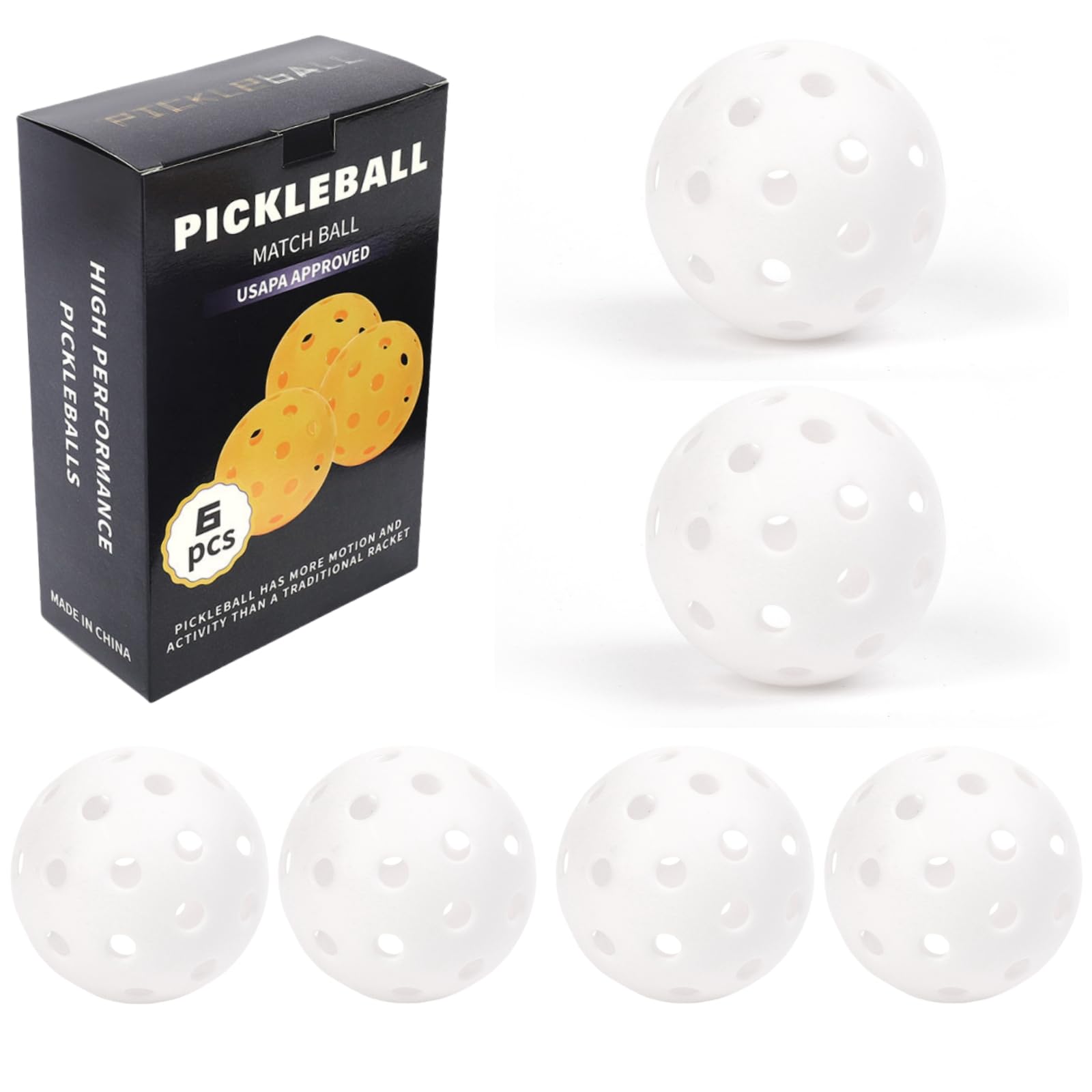 sonecesiya 6-Pack Pickleball Balls 40 Holes Outdoor Indoor High Rebounce True Flight High Visibility Durable Eye-catching White Pickle Balls Set Sport Gifts for Women Men