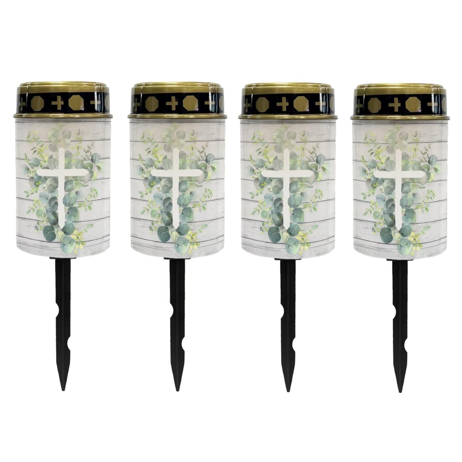Poceacles Cross Solar Lights Outdoor Grave Solar Lights for Cemetery Decoration Solar Outdoor Lights Cemetery Solar Lamp for Garden Backyard Pathway Decor, Eucalyptus Leaf Cross Wood Grain, Pack of 4