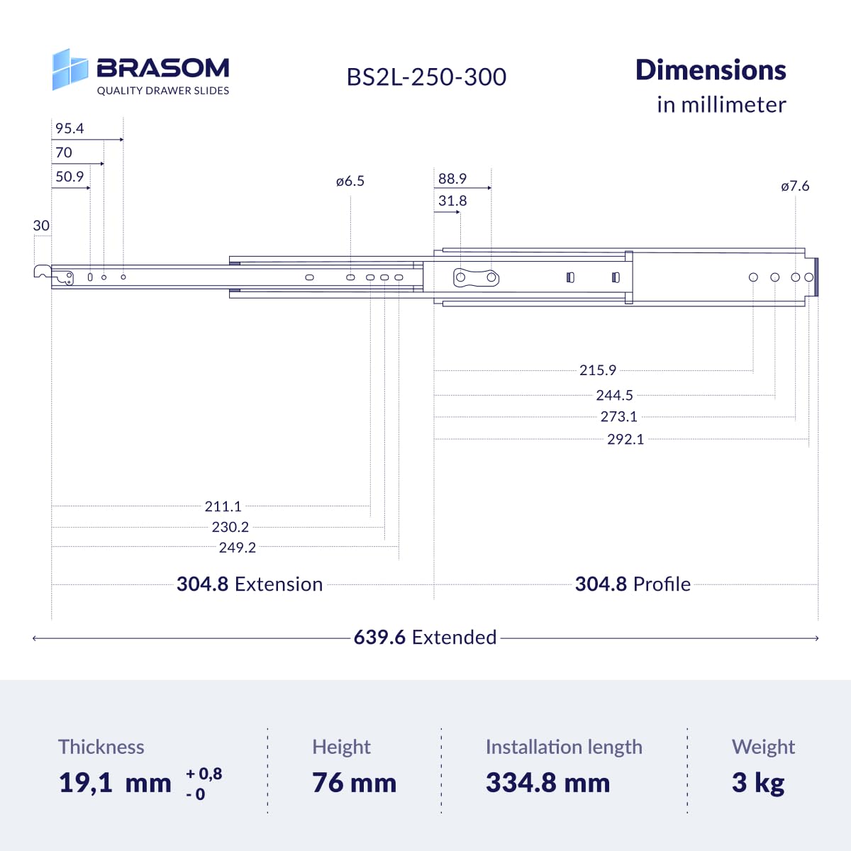 BRASOM Guide per cassetti con supporti per cassetti - Guide per cassetti da 300 mm, 250 kg, 12 pollici, Heavy Duty, bloccaggio in/fuori dal sistema di guide per cassetti, cuscinetti a sfera, sinistra