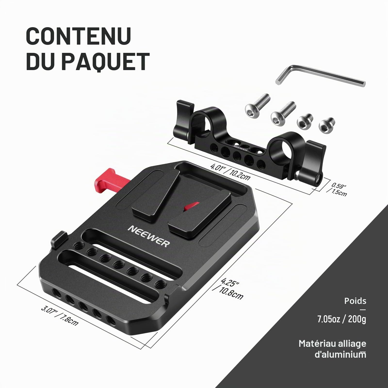 Neewer Plaque de Batterie à Montage en V avec Deux Pinces à Tige de 15 mm,filetages 1/4" et 3/8",Plaque de Montage de Batterie en métal V Lock pour Cage de caméra,Compatible avec SmallRig(ST43)