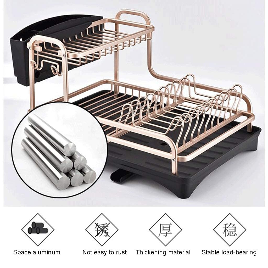 Dish Drainer Rack Dish Drying Rack Aluminum Dish Drying Rack with Removable Cutlery Holder Kitchen Dish Storage Rack,Golden 2-Tier