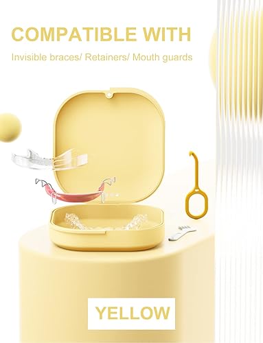 Miniatura 2 de Estuche de retención delgado con orificios de ventilación, compatible con Invisalign, protector bucal, herramienta de extracción y cepillo, amarillo