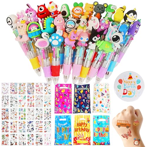 GUDOTRA Set 90 Piezas Regalos Cumpleaños Niños Colegio 30 Bolígrafos de 4 Colores 30 Bolsas cumpleaños infantil 30 Hojas Tatuajes Temporales Niños y 1 Broche de Feliz Cumpleaños