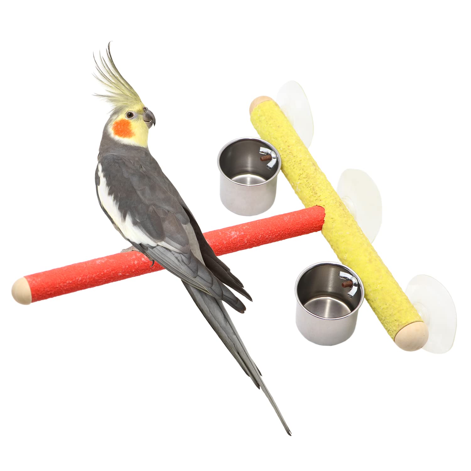 Litewood Wood Pet Bird Stand Perch Parrot Bath Stands Suppllies Bird Stand Pet Standing Platform Frame Pet Toy with Cup (Random Color) (Design 3 (2 Cups))