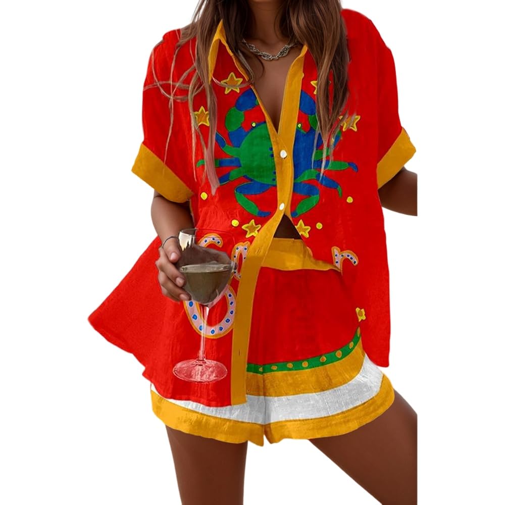Womens Vacation Beach Two Piece Outfits Casual Floral Button Down Shirt Tops and Drawstring Shorts Summer Suit Sets