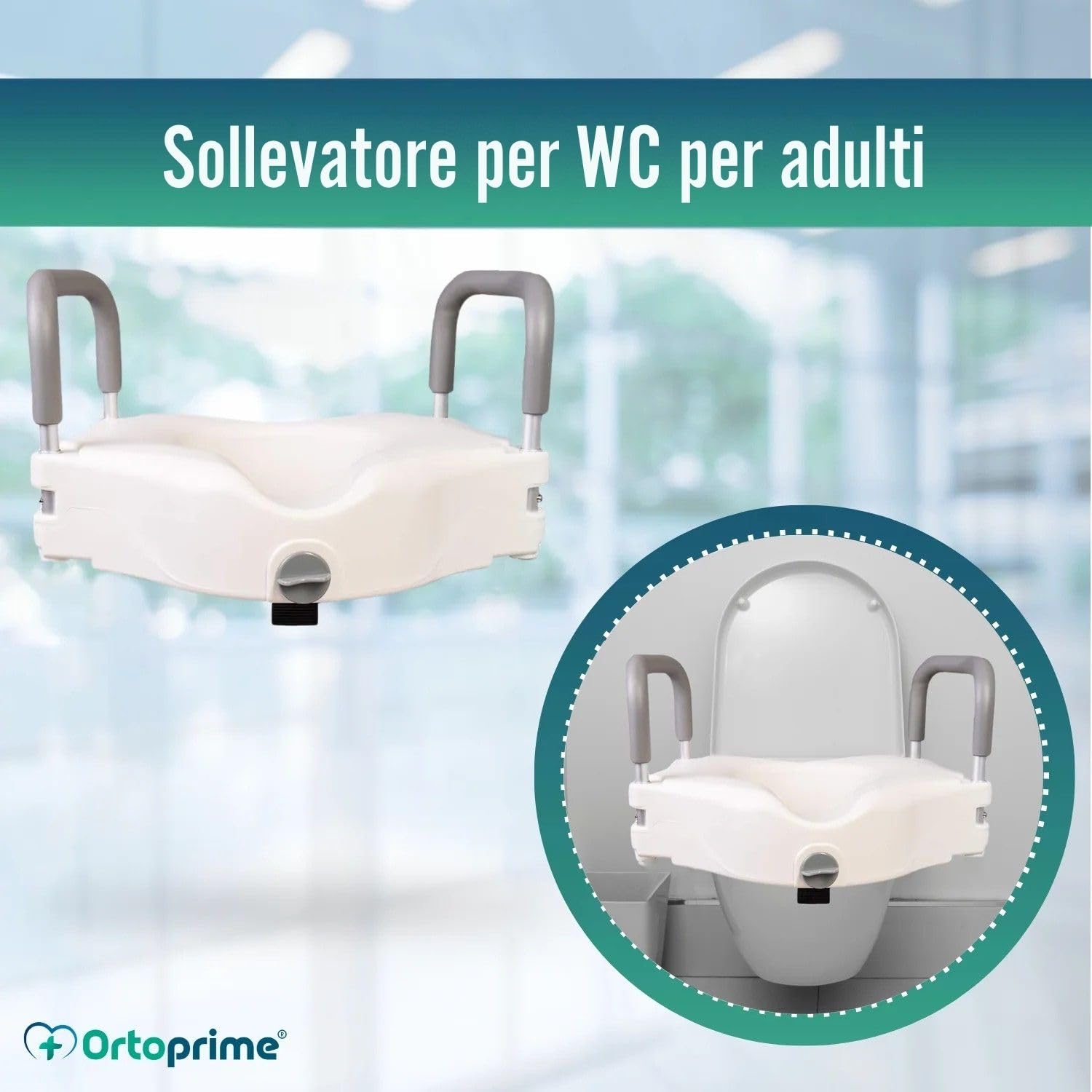 OrtoPrime Rialzo per WC con Braccioli Imbottiti – Rialzo WC Altezza 12 cm – Sedile WC Rialzato per Disabili – Alzawater per Anziani con Fissaggio di Sicurezza – Water Disabili Ortopedico