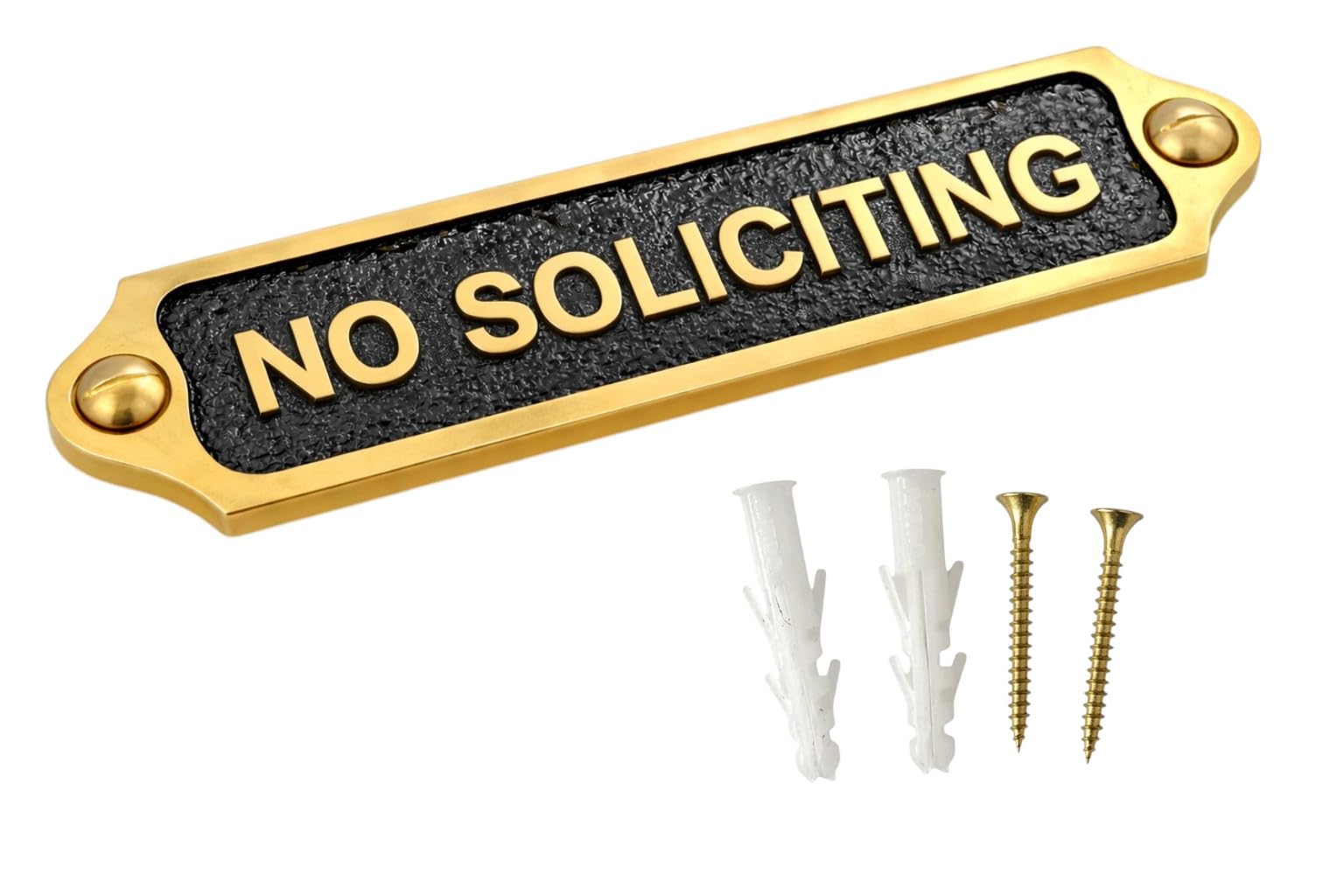 Enhanced Vintage Brass Metal NO SOLICITING Door Sign Plaque | Antique Wall Mounted Name Plate with Screws | 21.5 × 4.5 cm | NO SOLICITING — image 1