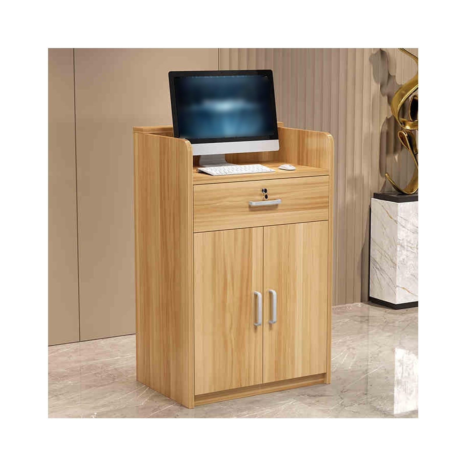 Tonuuoei Checkout Counter, Office Reception Desk, Welcome reception Unit,Modern Retail Counter with Drawers,Used for company front desk, shopping mall stores,(Light Walnut,60CM/23.6in)