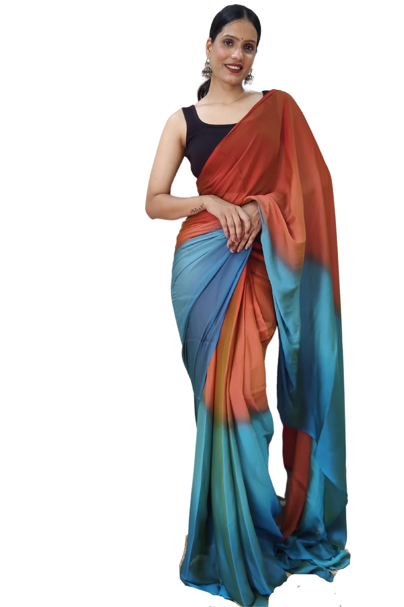 Pandadi Saree Women's Dyed Ready To Wear Nylon Saree Unstitched Blouse Piece