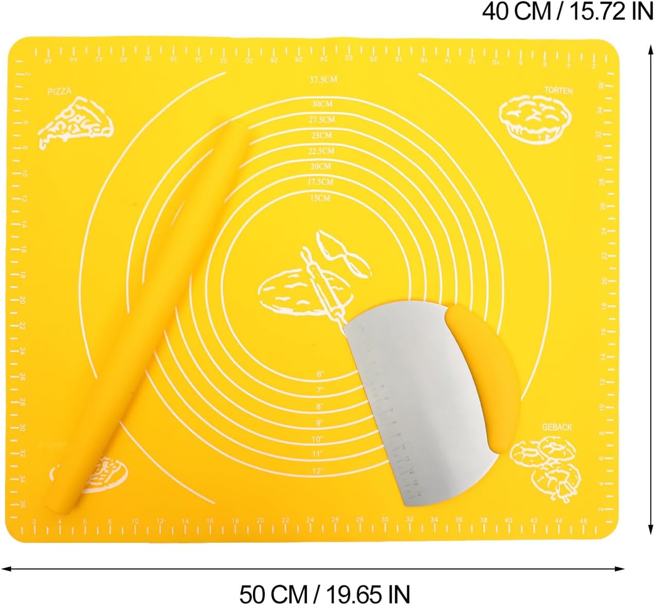 3pcs Non-stick Silicone Dough Mat with Stainless Steel Scaled Rolling Pin and Multi-function Dough Scraper for Baking Pastry Pizza Pasta